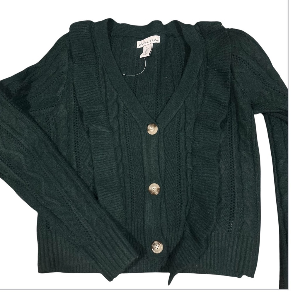 London Kaye Dark Green Ruffled Cardigan Button Sweater Size Small - Picture 10 of 12